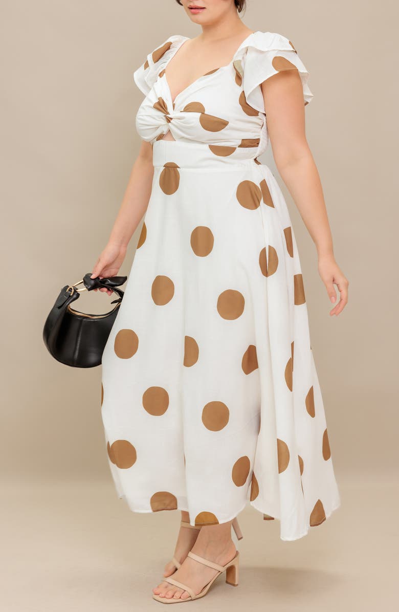 FLYING TOMATO Polka Dot Midi Dress, Alternate, color, Ivory/ Camel