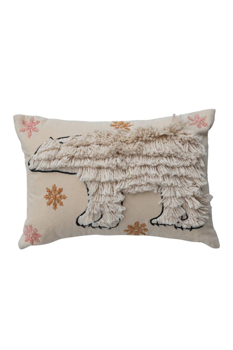 Velvet Lumbar Pillow with Embroidered Fringe Polar Bear & Snowflakes, Multicolor, Main, color, Multicolor