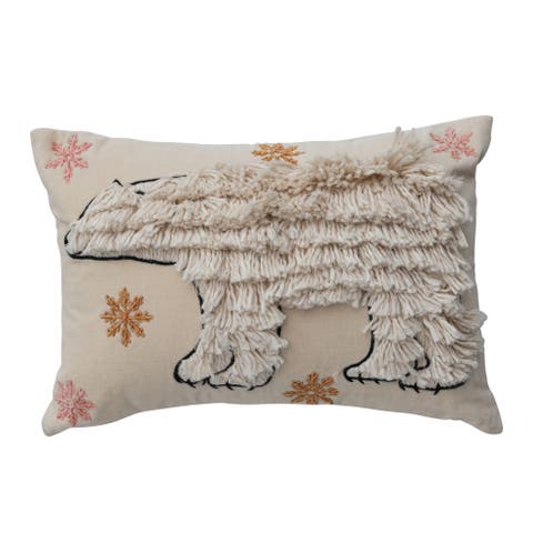 Velvet Lumbar Pillow with Embroidered Fringe Polar Bear & Snowflakes, Multicolor
