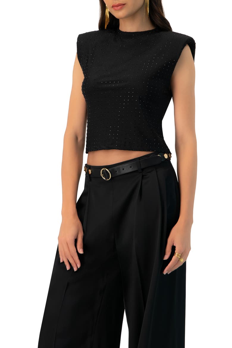 Padded-Shoulder Cropped Rhinestone Top, Main, color, Black