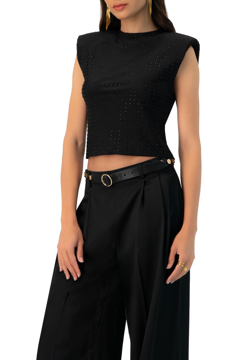 IVONNE Padded-Shoulder Cropped Rhinestone Top, Main, color, Black