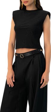 IVONNE Padded-Shoulder Cropped Rhinestone Top