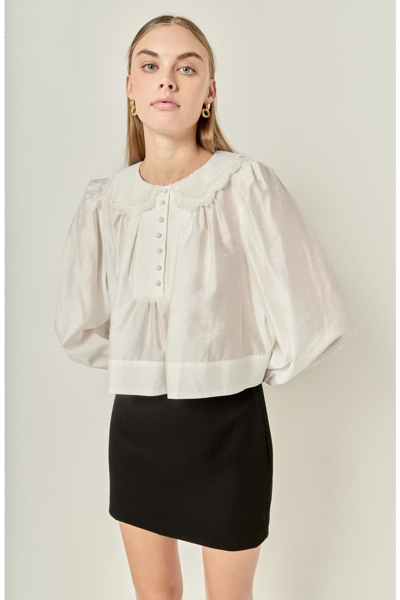 Lace Collar Shirred Puff Sleeve Top, Alternate, color, WHITE