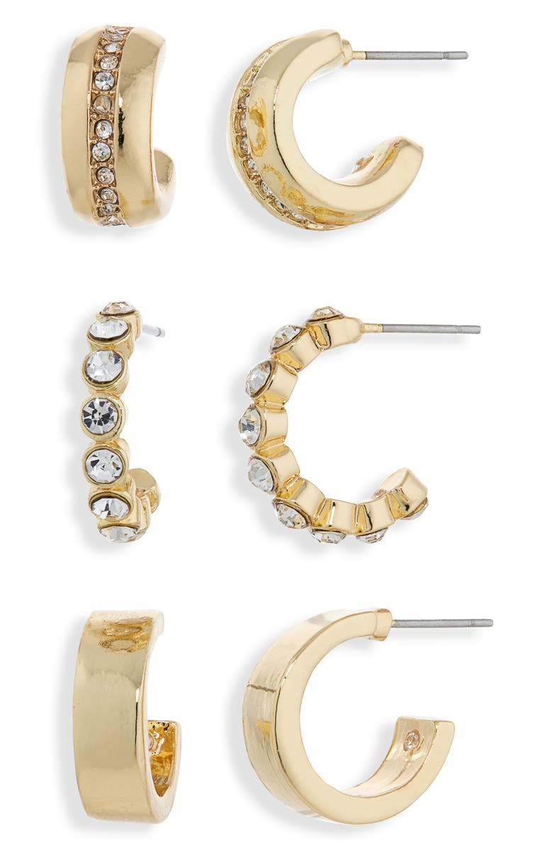 BaubleBar Set of 3 Huggie Hoop Earrings, Alternate, color, Gold