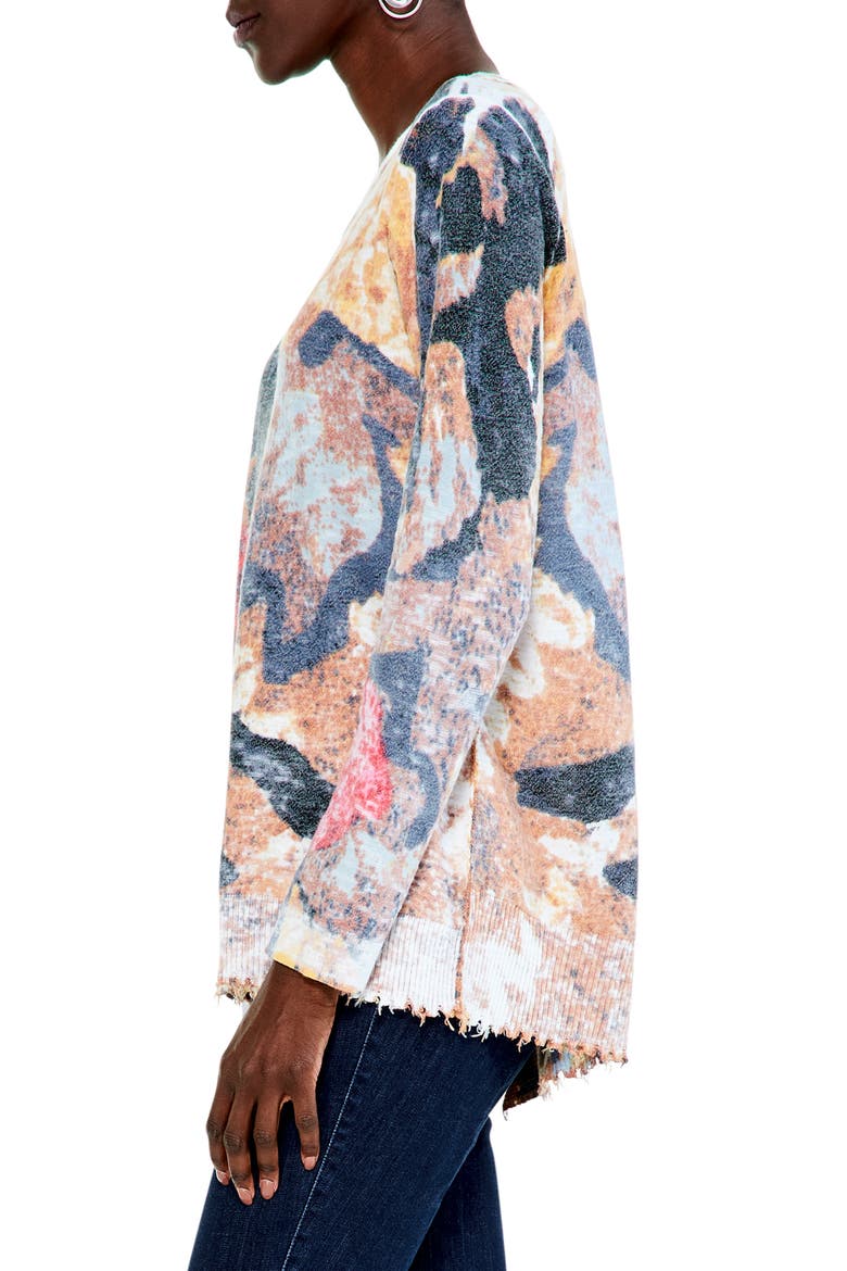 Women's Print Asymmetric Destroyed Edge Sweater, Alternate, color, BLUE MULTI