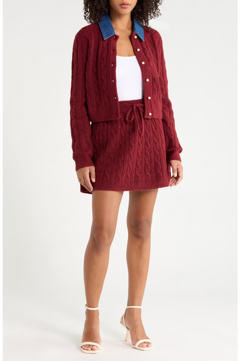 Removable Denim Collar Cardigan, Alternate, color, DARK CHERRY