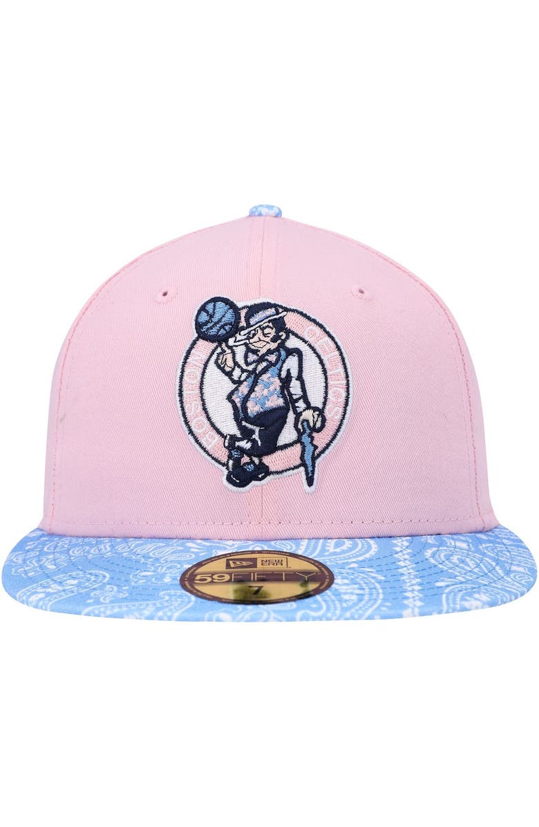 New Era Men's New Era Pink/Light Blue Boston Celtics Paisley Visor 59FIFTY Fitted Hat, Alternate, color,