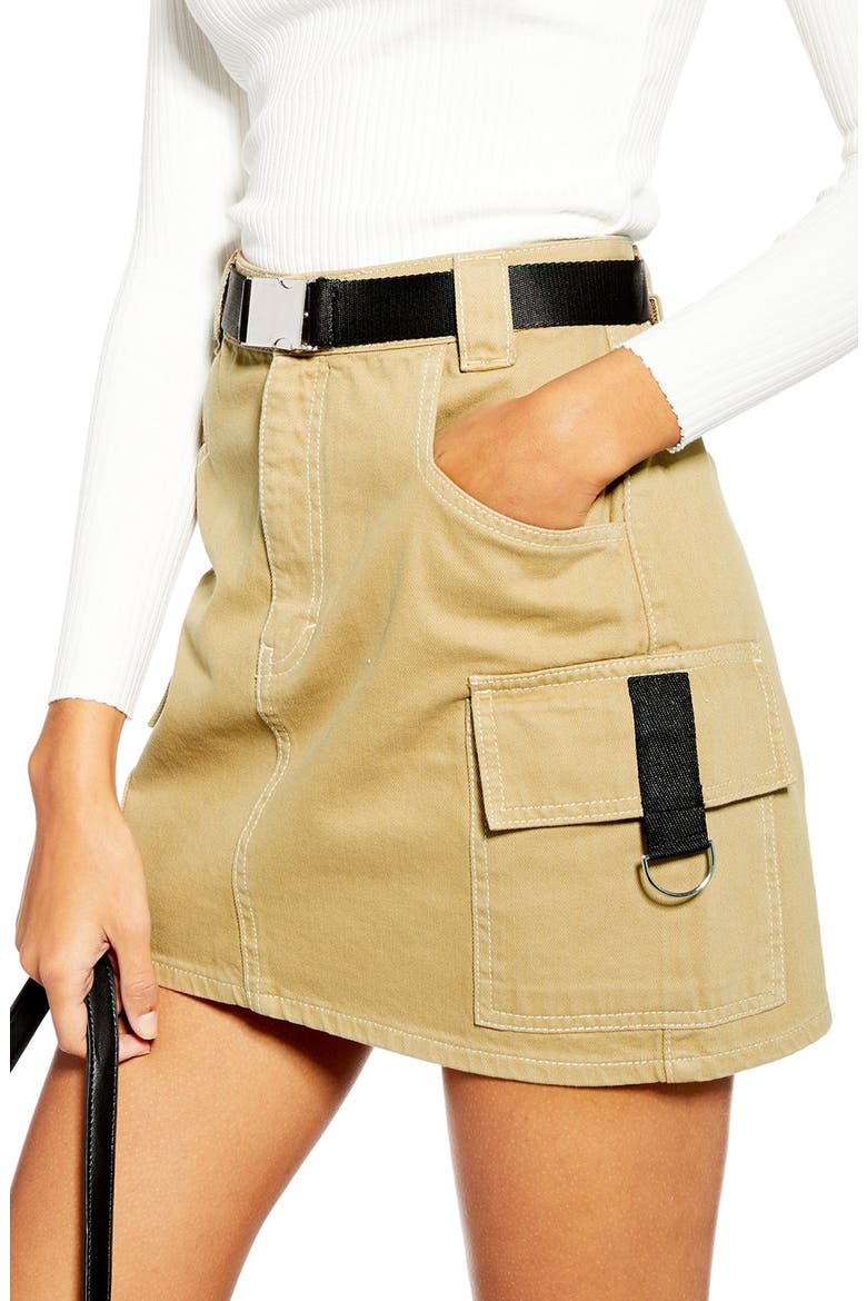 Clip Buckle Denim Skirt, Alternate, color, TAN