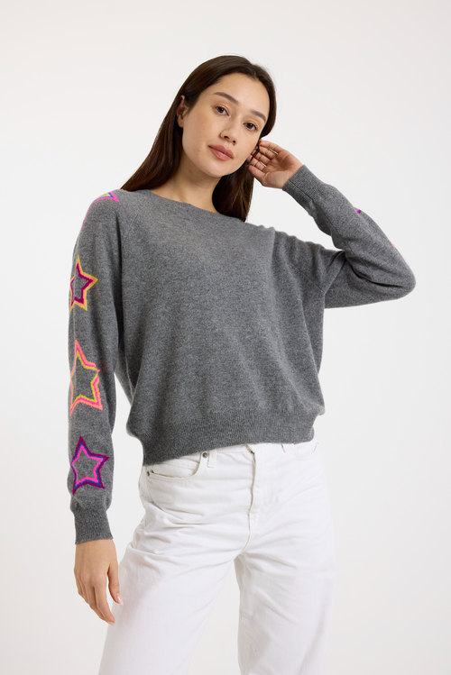 Brodie Pure Cashmere Pop Star Sleeve Crew Neck Jumper In Gray