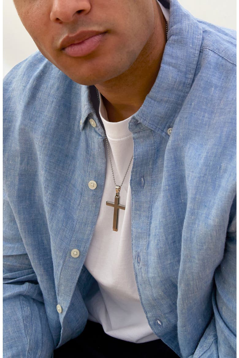 Men's Brushed Stainless Steel Cross Pendant Necklace, Alternate, color, SILVER