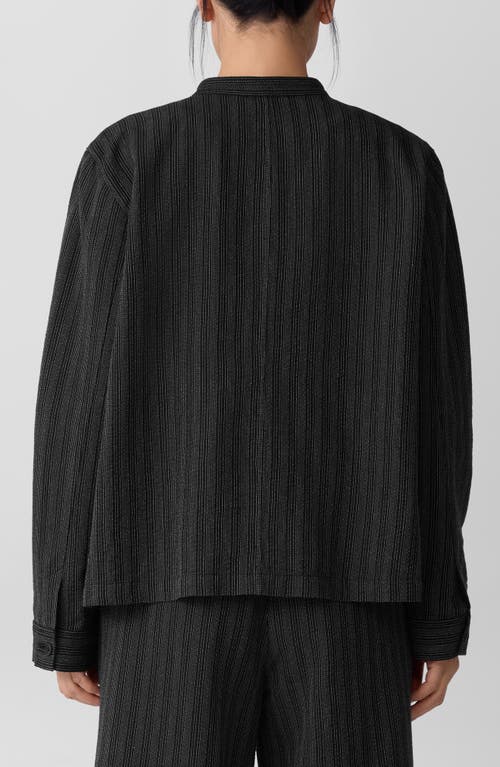 Eileen Fisher Stripe Mandarin Collar Stretch Organic Cotton Blend Shirt Jacket In Black