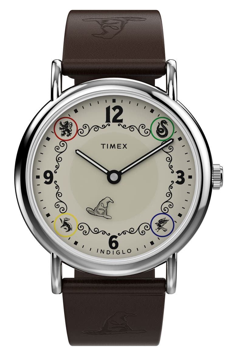 Harry Potter x Timex Weekender 38mm Leather Strap Watch, Main, color, HUFFLEPUFF