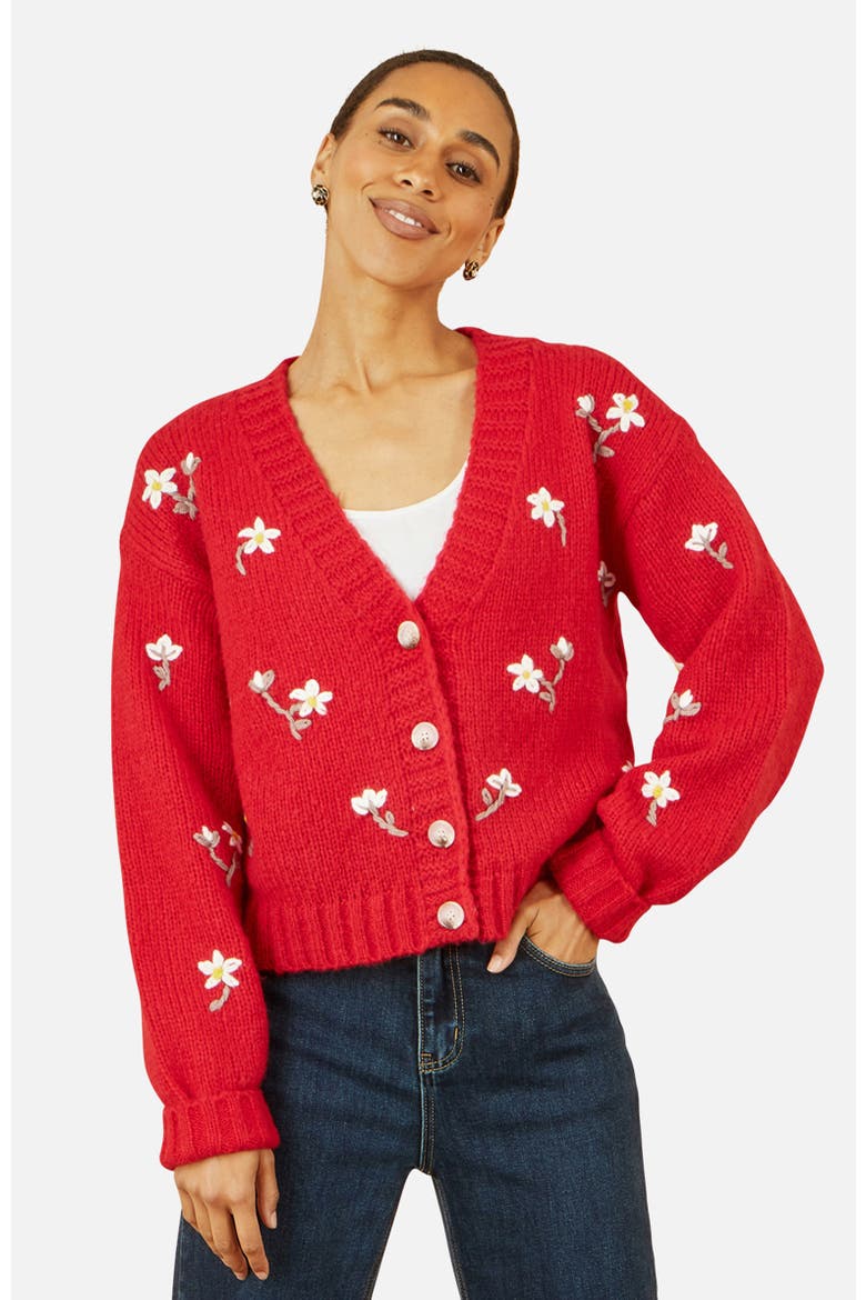 Hand Embroidered Chunky Knitted Cardigan, Main, color, Red