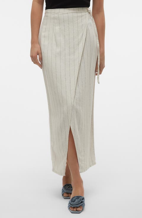 Mindy Pinstripe Linen Blend Faux Wrap Maxi Skirt