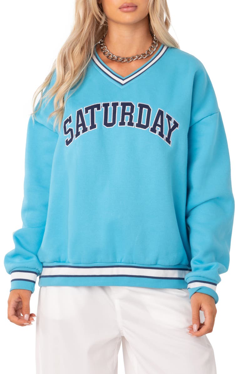 EDIKTED Saturday Oversize V-Neck Cotton Blend Sweatshirt, Main, color, 