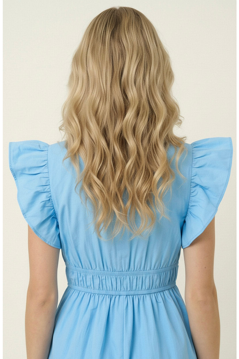 Smocked Mini Dress with Ruffle Sleeves and Front Tie Detail, Alternate, color, Blue