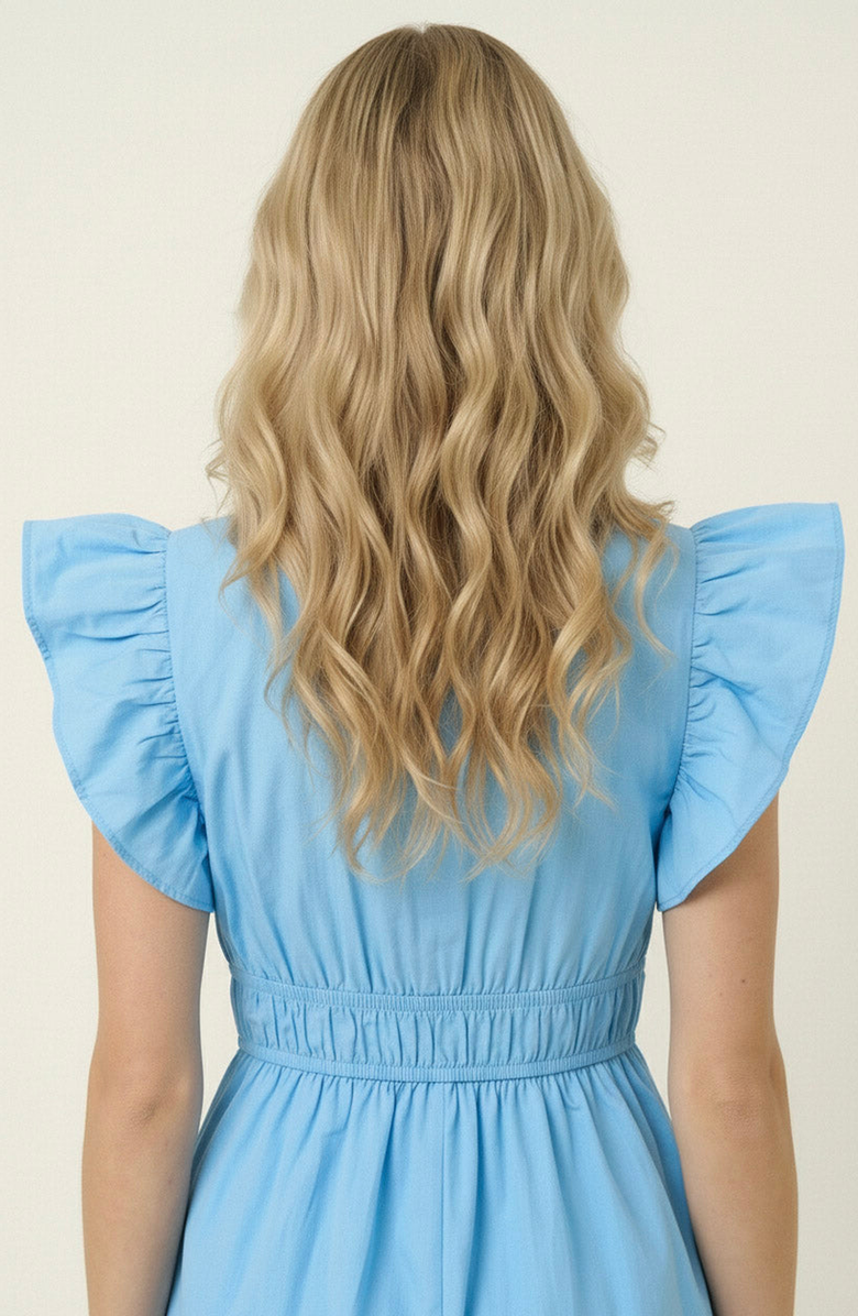 Modenaire Smocked Mini Dress with Ruffle Sleeves and Front Tie Detail, Alternate, color, Blue