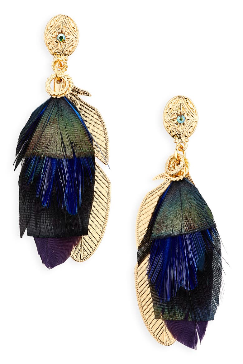 Small Sao Feather Earrings, Main, color, BLACK
