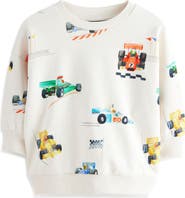 NEXT Kids' Crew Car Print Cotton Crewneck Sweatshirt
