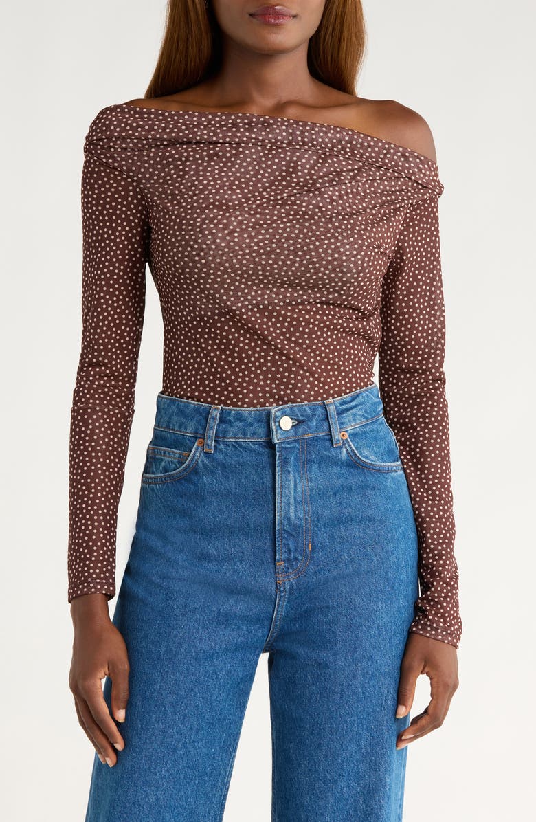 Reformation Elio Polka Dot One-Shoulder Knit Top, Main, color, Choco Dot