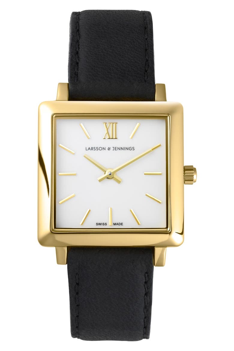'Norse' Square Leather Strap Watch, 27mm x 34mm, Main, color, BLACK/ WHITE/ GOLD