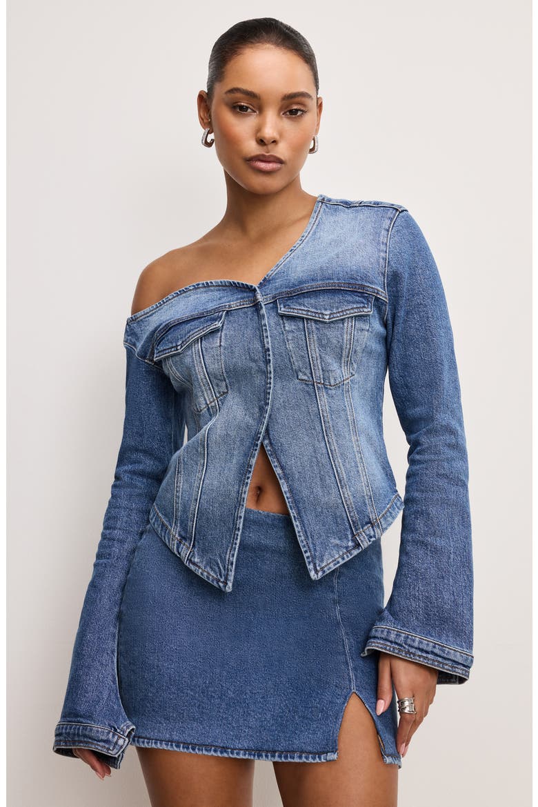 One-Shoulder Cutaway Denim Shirt, Alternate, color, INDIGO771