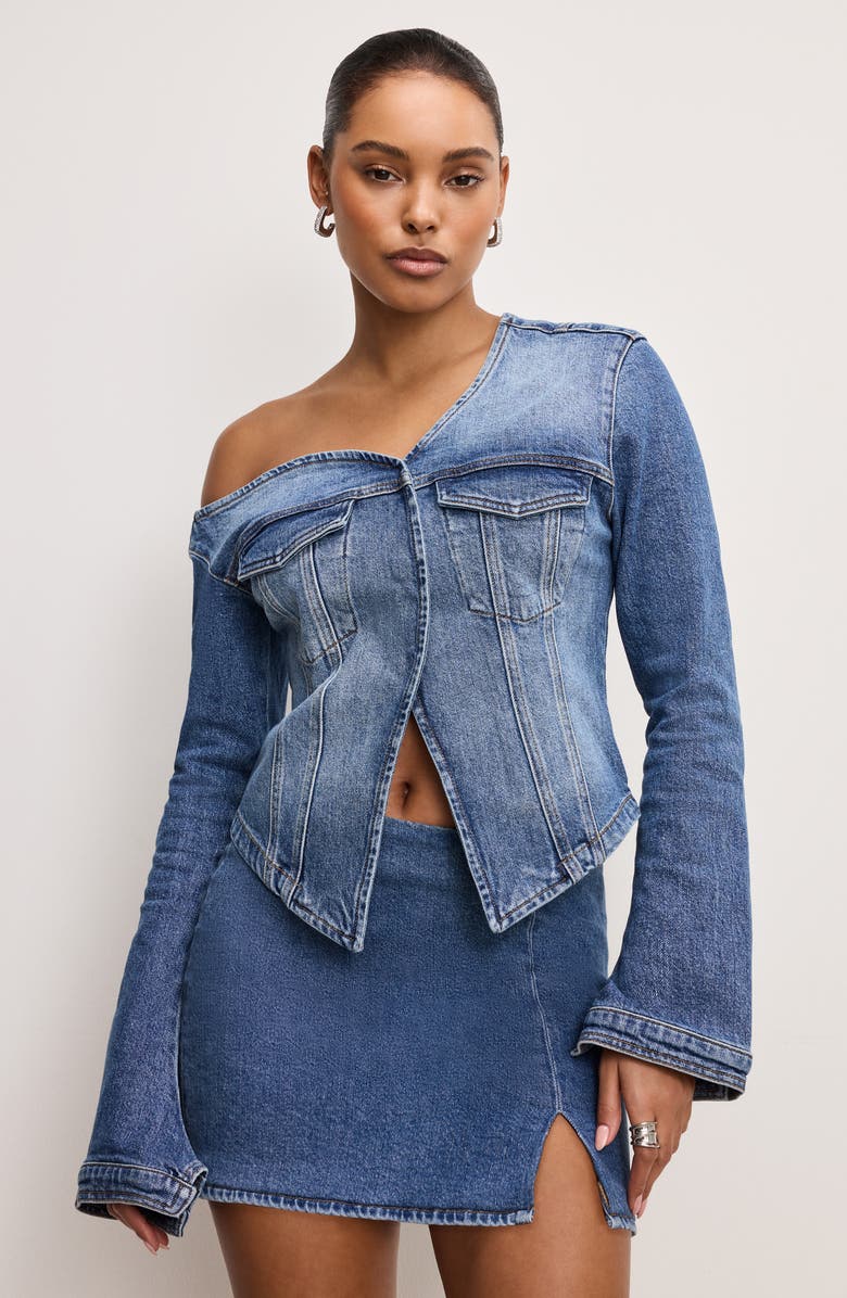 Good American One-Shoulder Cutaway Denim Shirt, Alternate, color, Indigo771