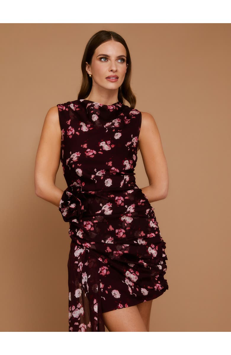 Six Stories Floral Coursage Ruched Mini Dress, Alternate, color, Wine