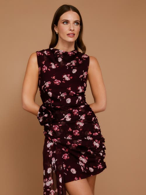 Six Stories Floral Coursage Ruched Mini Dress In Burgundy