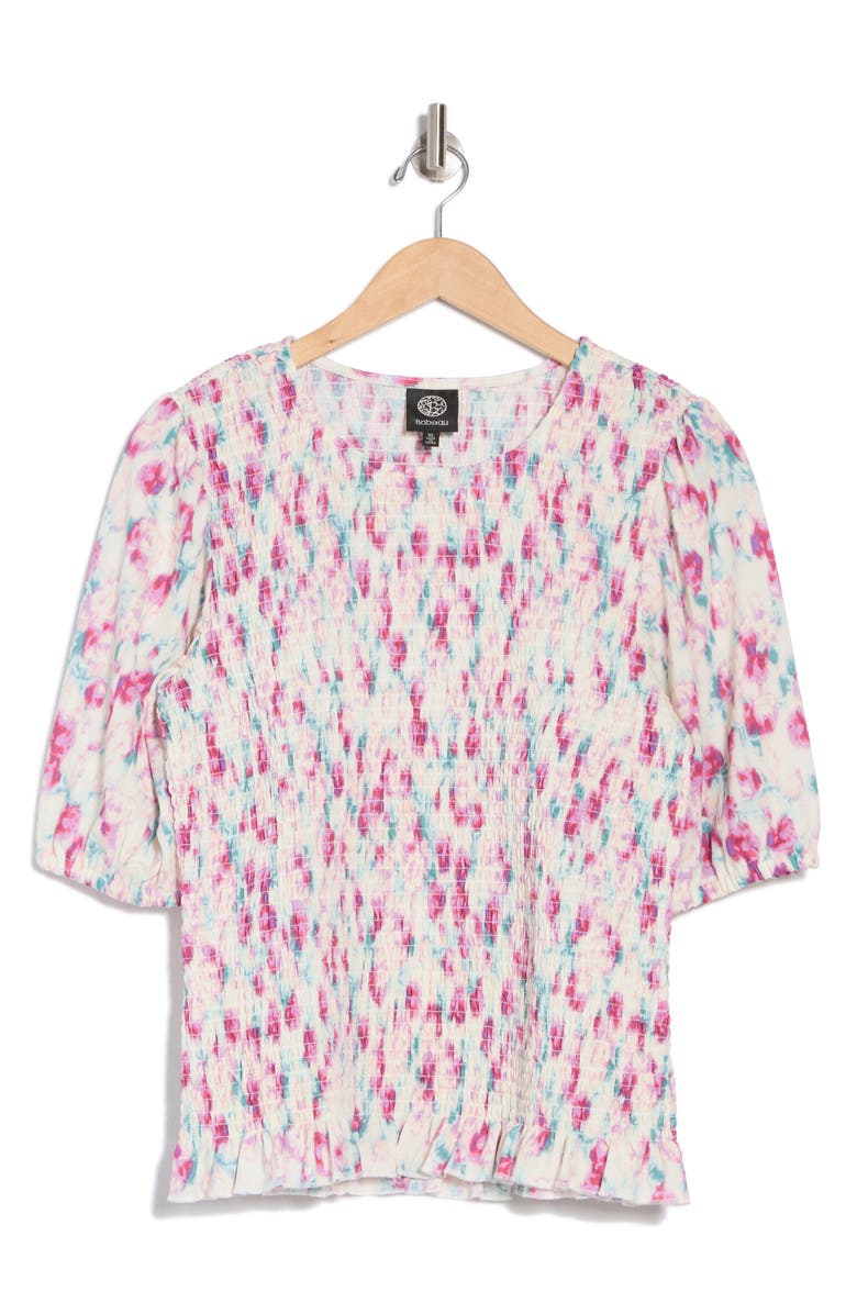 Bobeau Floral Puff Sleeve Smocked Top, Alternate, color, Lavender/ Teal Floral