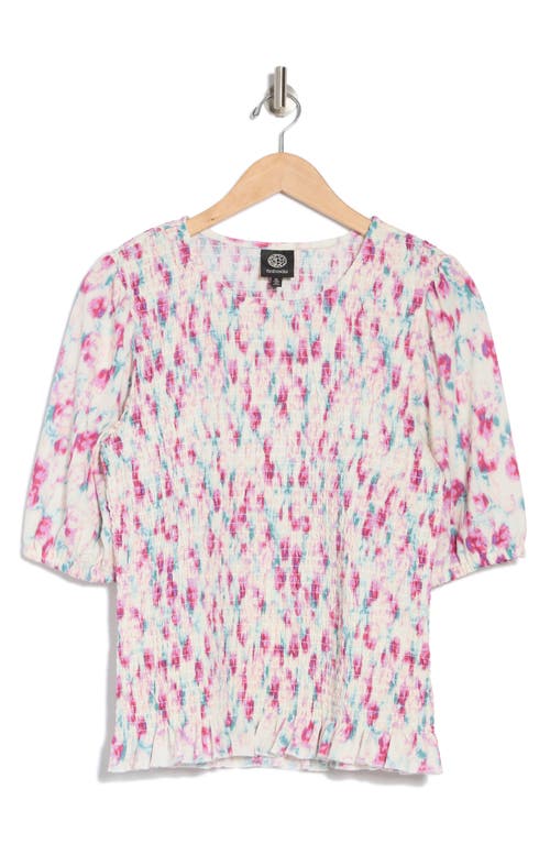 Bobeau Floral Puff Sleeve Smocked Top In Neutral