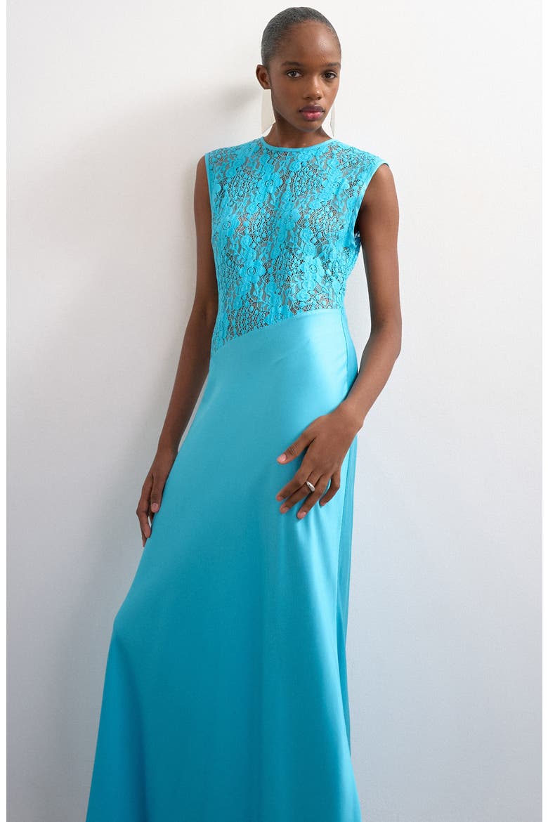 Satin & Lace Maxi Dress, Alternate, color, TURQUOISE
