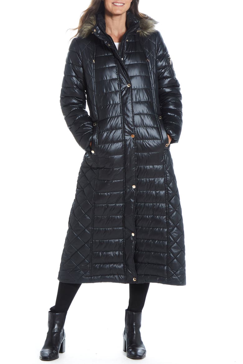 Water Resistant Hooded Puffer Coat with Faux Fur Trim, Main, color, BLACK