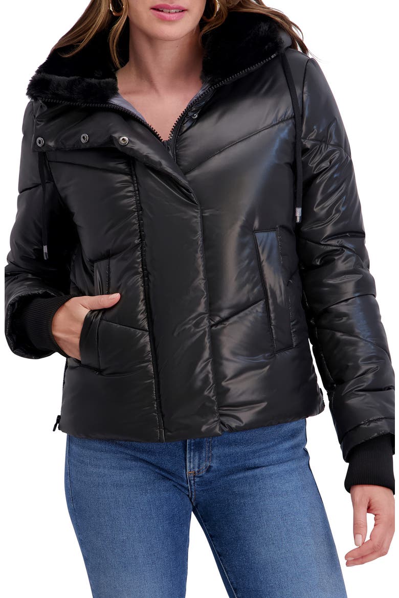 Faux Fur Lined Hood Short Puffer Jacket, Main, color, BLACK