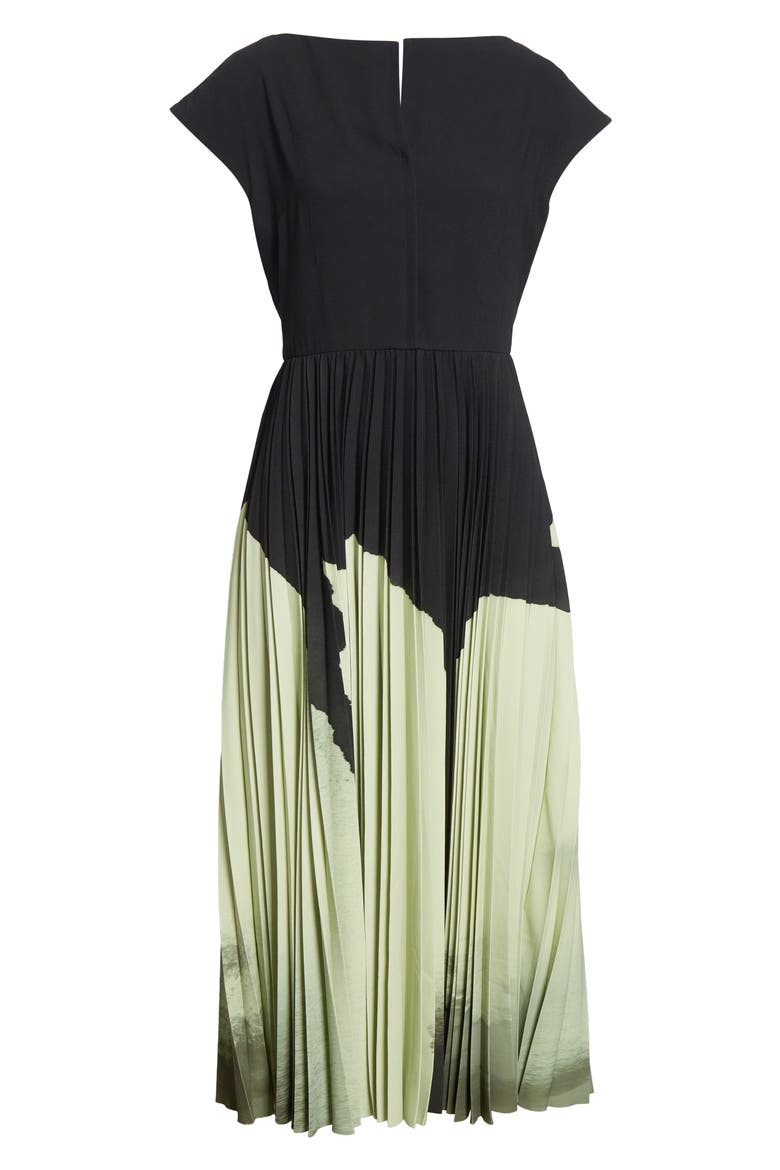 Watercolor Floral Pleated Matte Crepe A-Line Dress, Alternate, color, NORI/ LIGHT JADE MULTI