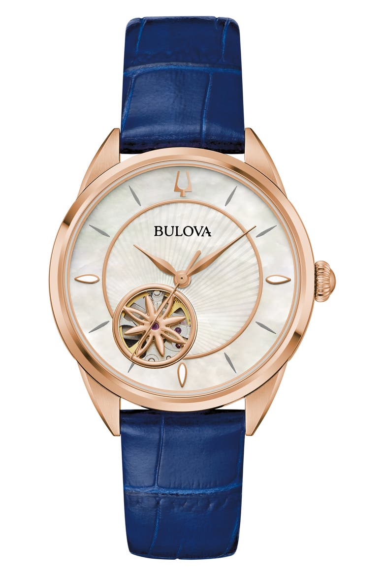 Sutton Automatic Leather Strap Watch, 34.5mm, Main, color, BLUE/ ROSE GOLD-TONE