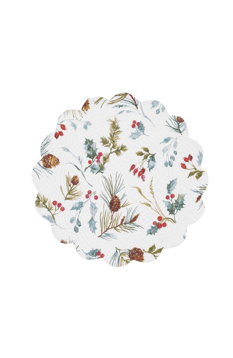C&F Home Edith Round Quilted Reversible Holly Botanical Placemats Set of 6, 17", Alternate, color, White