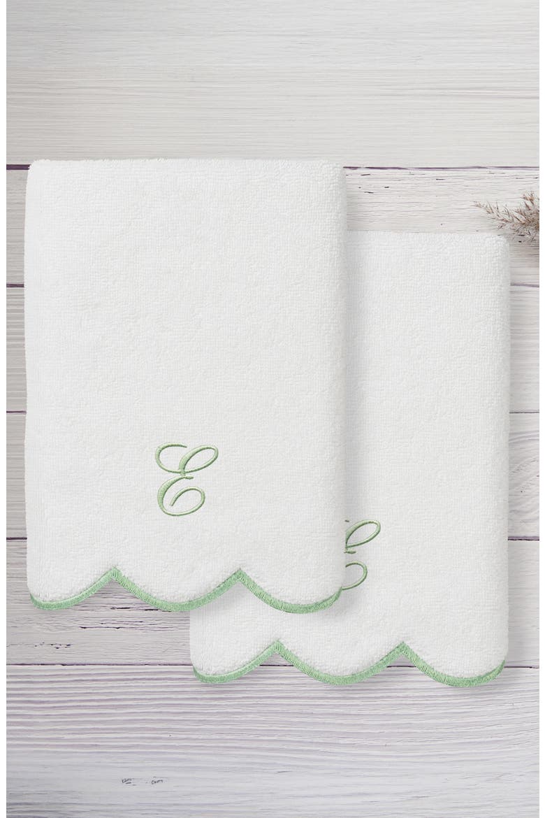 Adornia Scallop Initial Set of 2 Hand Towels, Alternate, color, WHITE/ GREEN E