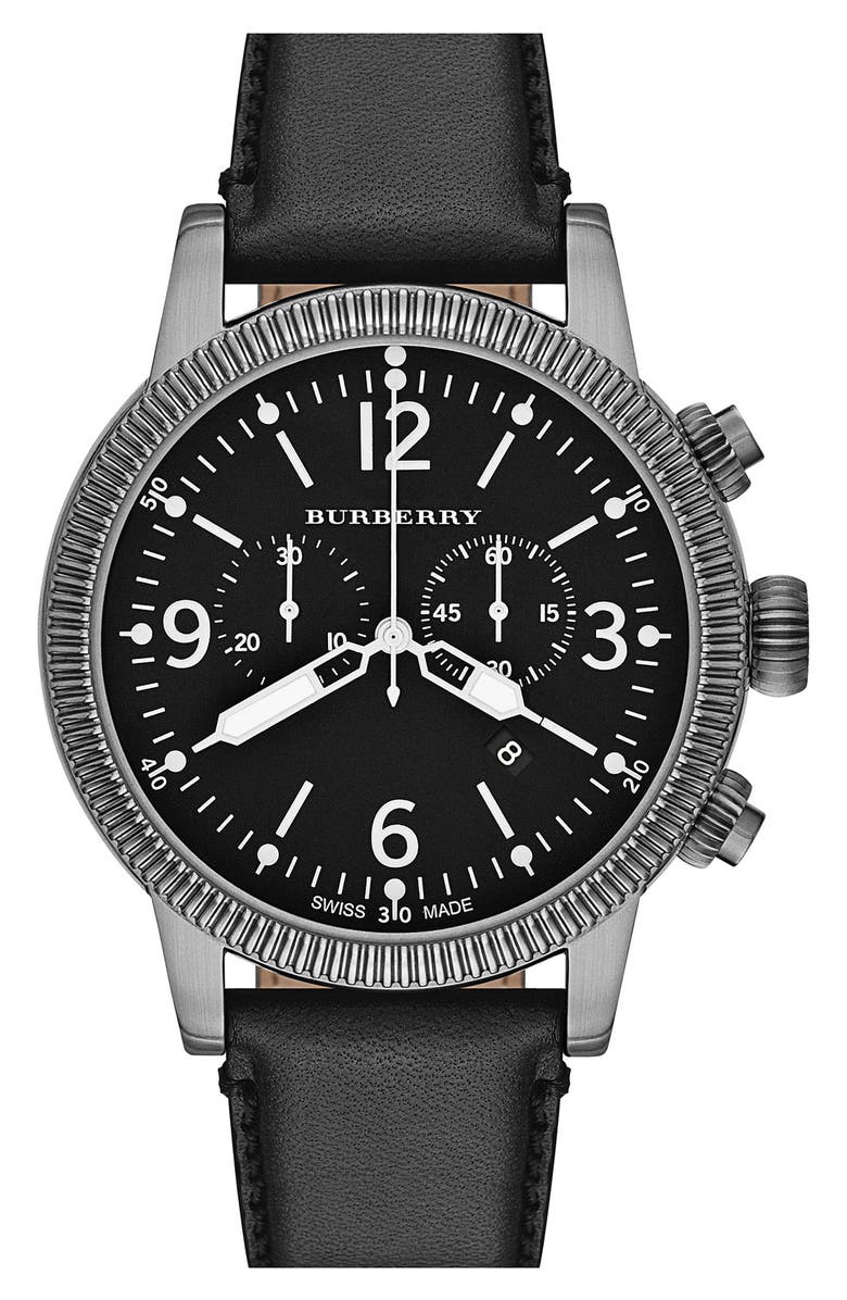 Burberry Round Leather Strap Watch, 46mm, Main, color, 