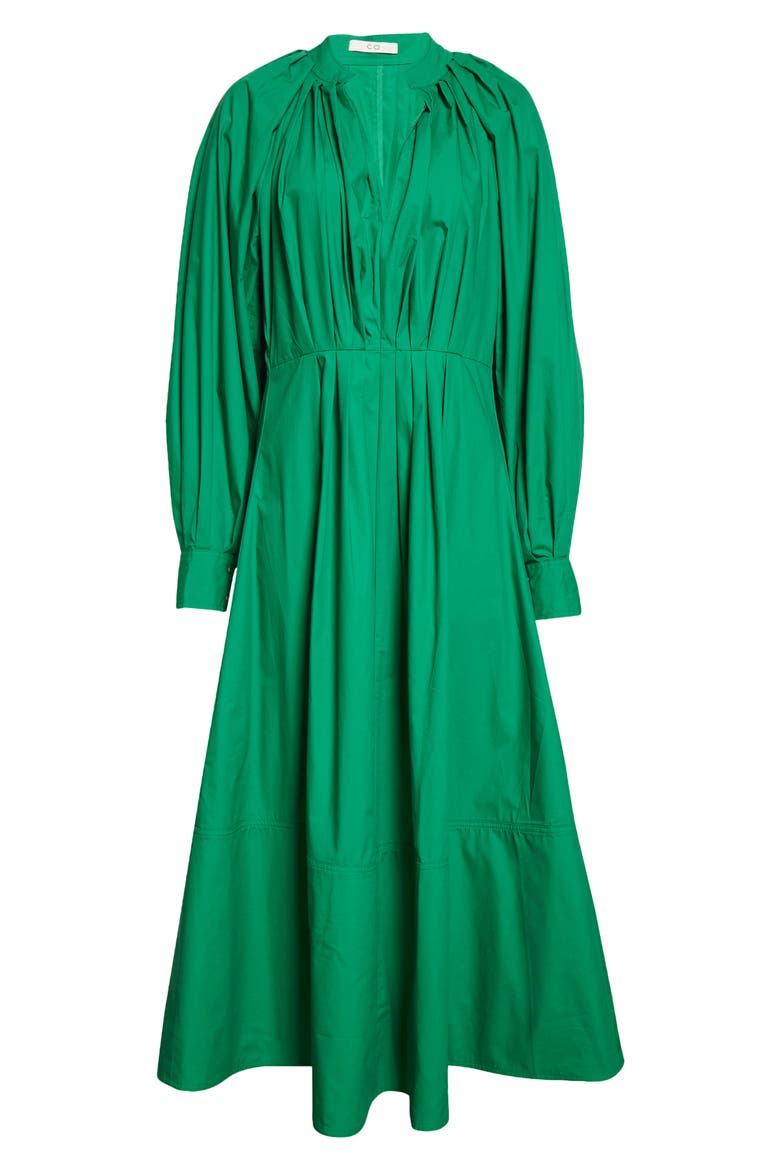 Pleated Long Sleeve Organic Cotton Poplin Midi Dress, Alternate, color, GREEN