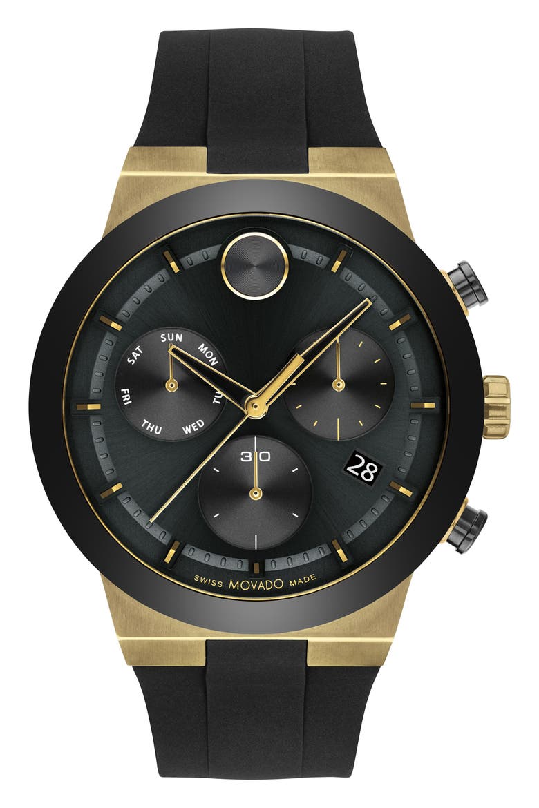 Bold Fusion Chronograph Silicone Strap Watch, 44mm, Main, color, BLACK
