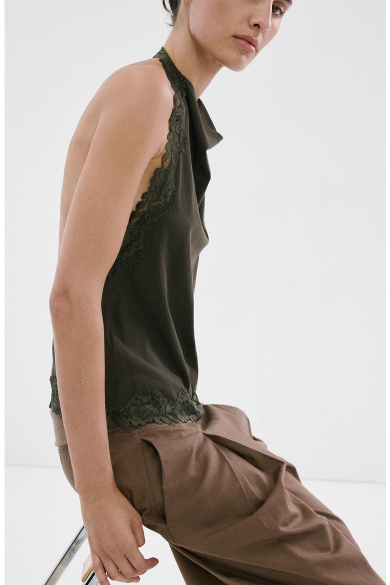 Kristen Draped Lace Detail Cotton Halter Top, Alternate, color, KHAKI GREEN