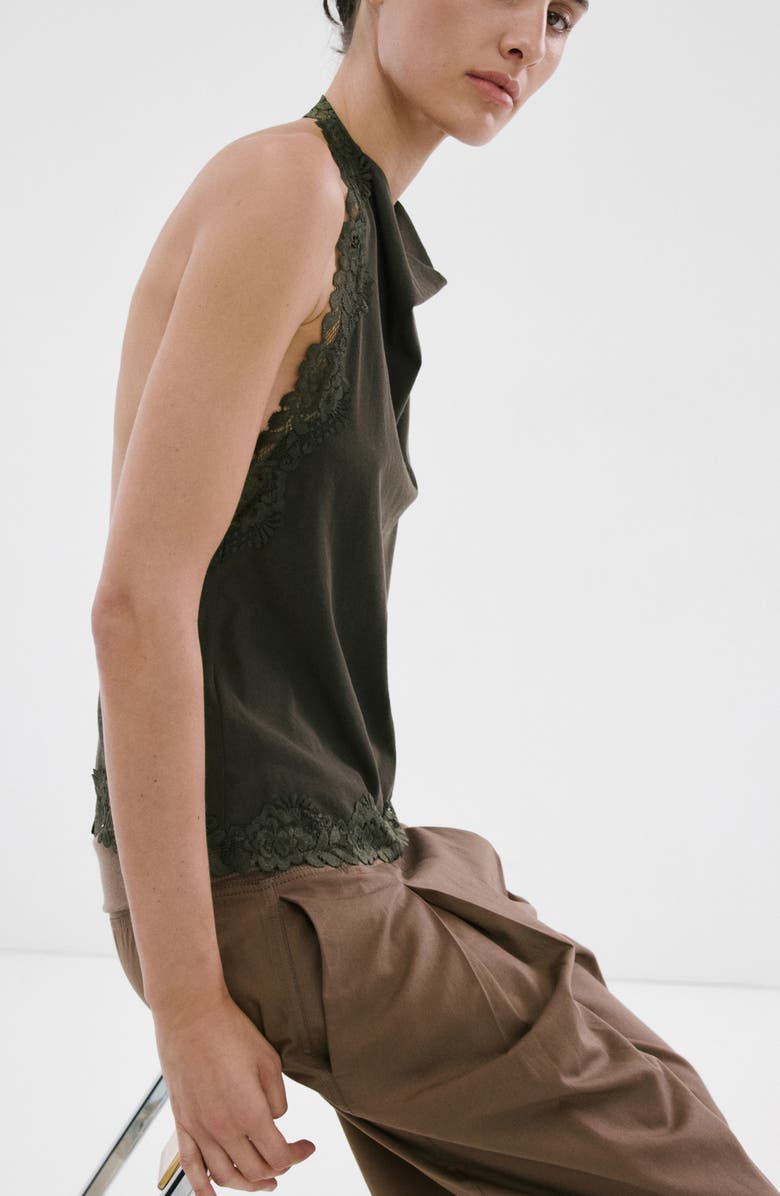 MANGO Kristen Draped Lace Detail Cotton Halter Top, Alternate, color, Khaki Green