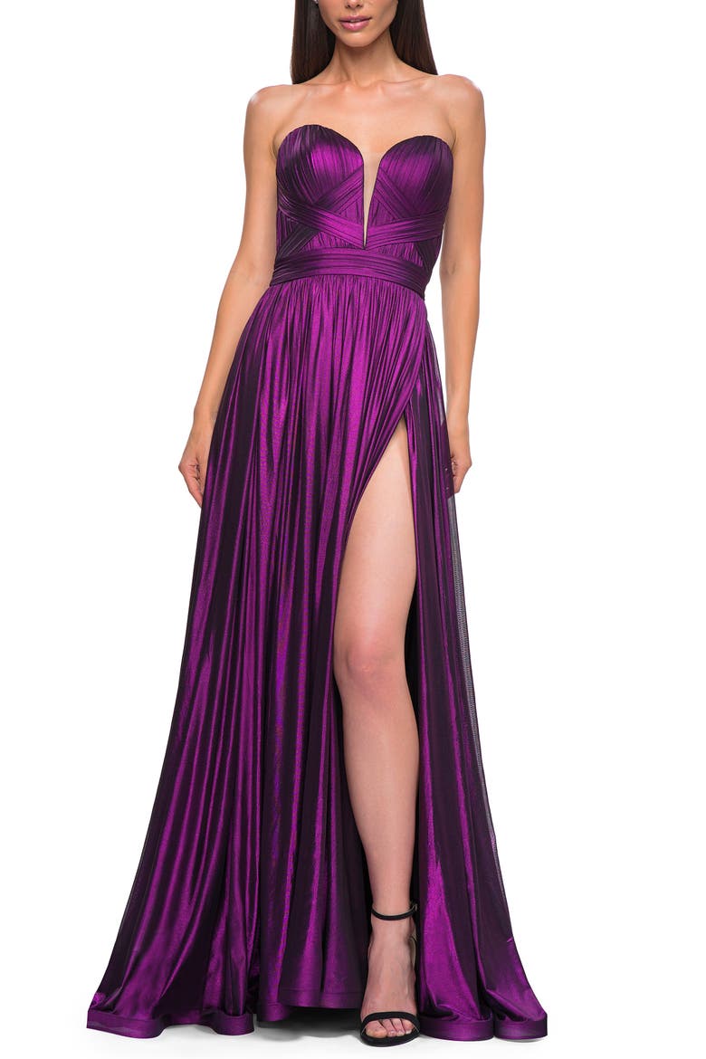 Flowy Metallic Net Jersey Prom Dress with Intricate Ruched Bodice, Alternate, color, Purple
