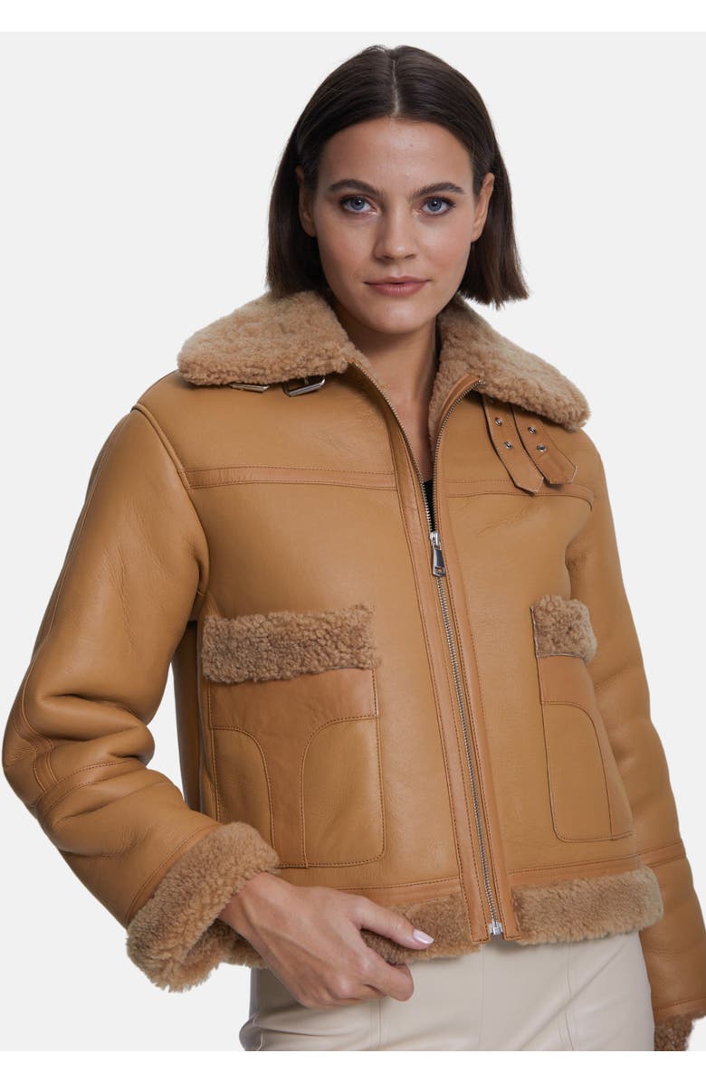 Furniq UK Ophelia Leather Shearling Jacket, Alternate, color, Beige