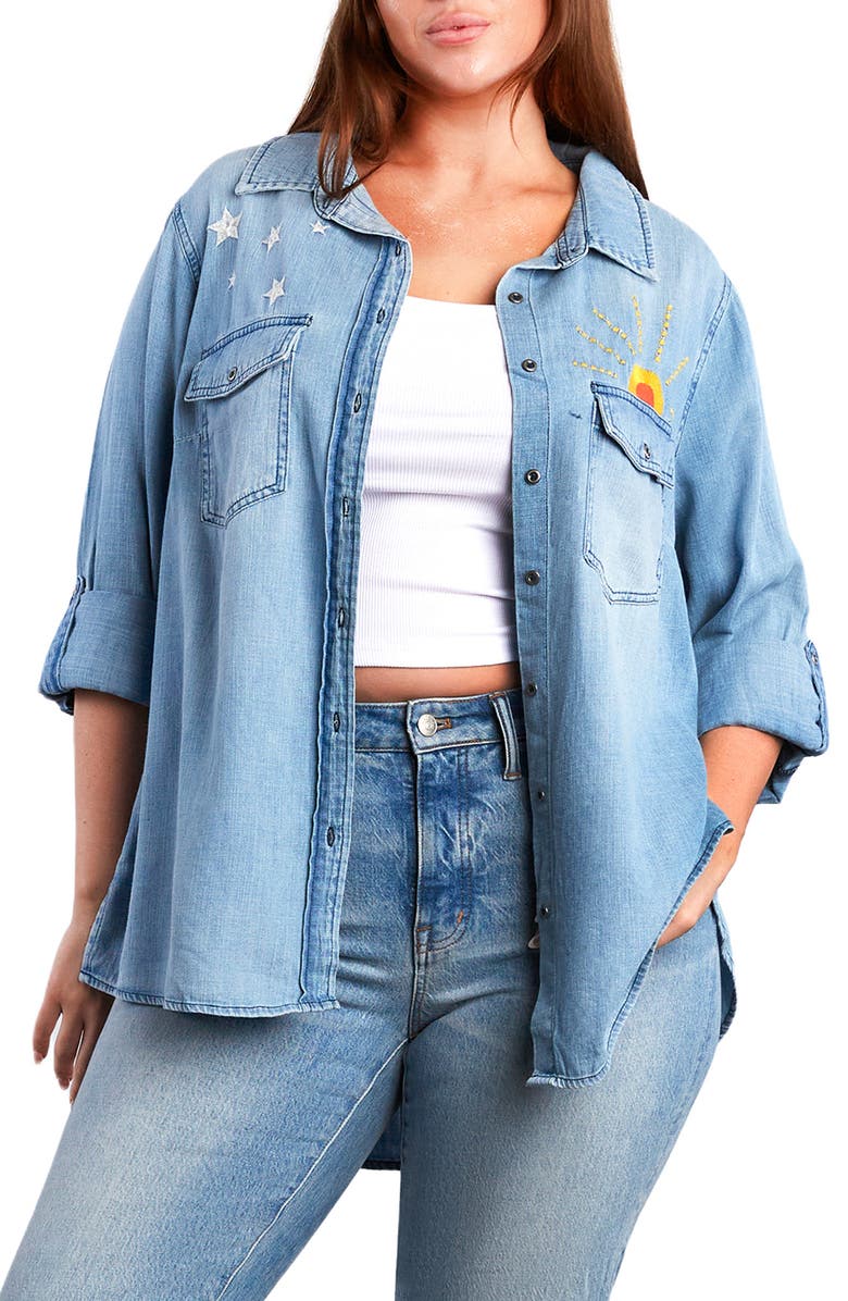 Billy T Hello Sunshine Embroidered Denim Button-Up Shirt, Alternate, color, 