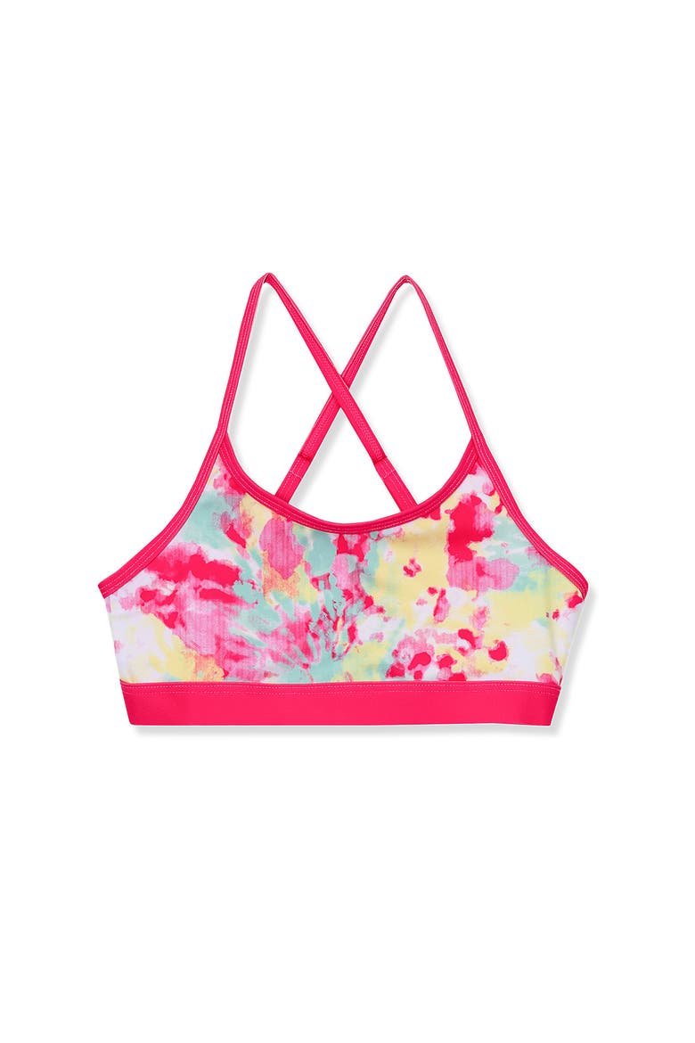 Girls Chlorine Resistant Criss Cross Bikini Top, Main, color, Bright Pink Aqua Splatter