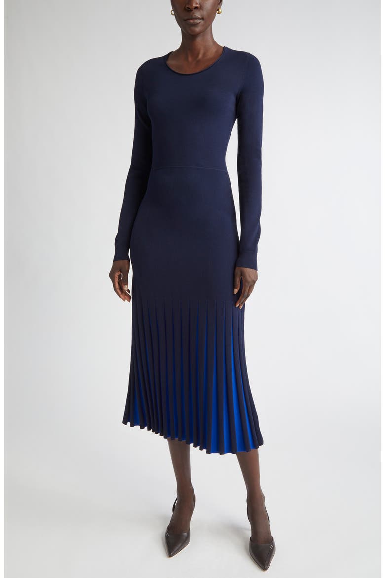 Pleated Hem Long Sleeve Sweater Dress, Main, color, NAVY/ COBALT