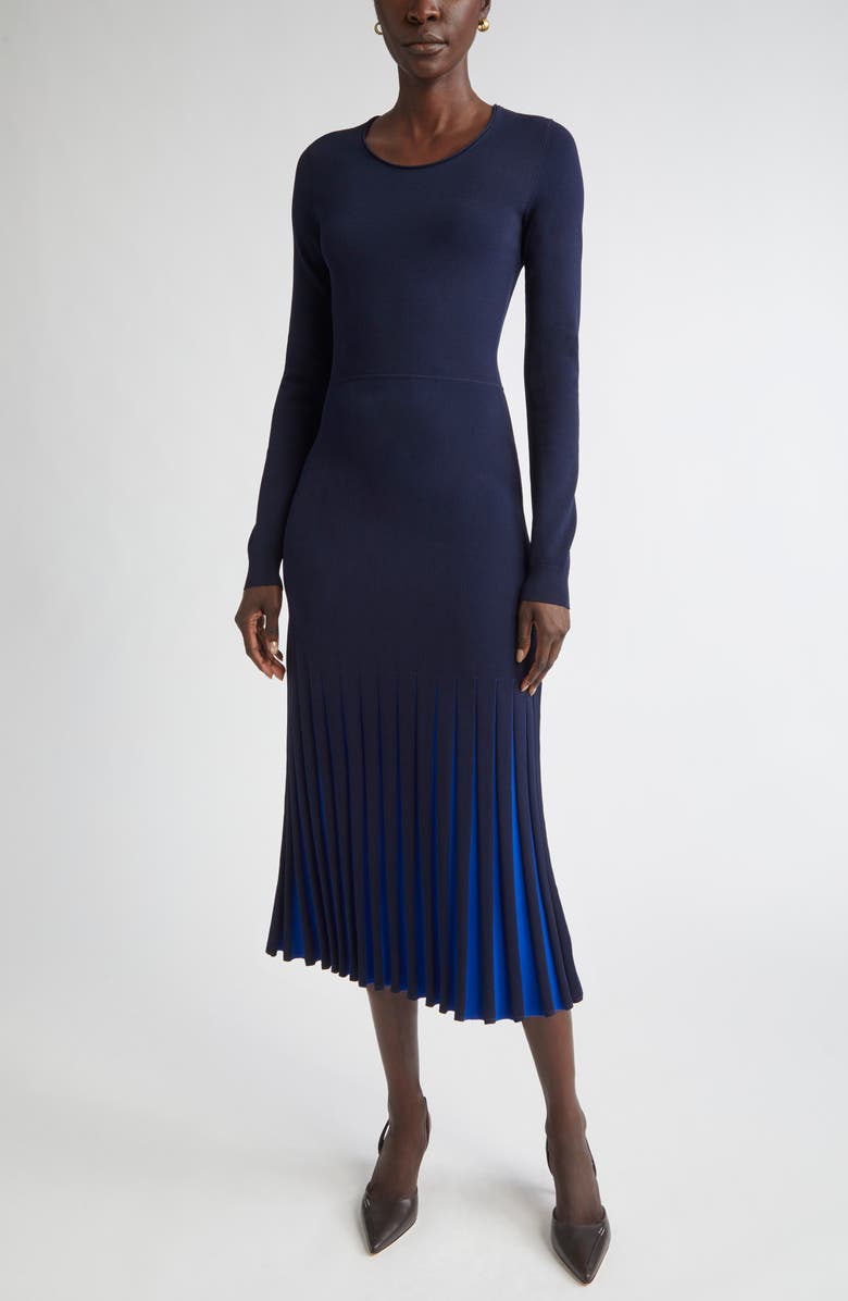 ST. JOHN Pleated Hem Long Sleeve Sweater Dress, Main, color, Navy/ Cobalt
