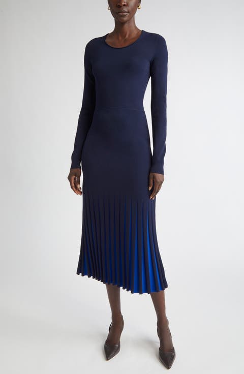 Pleated Hem Long Sleeve Sweater Dress